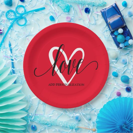 Minimaal Elegant Hart op Rood Papieren Bordje (Feest)