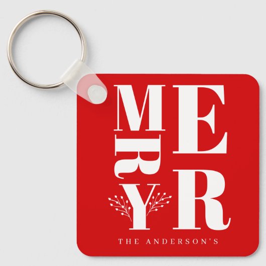 Minimaal Elegant Helderrood Wit Kerstmis Sleutelhanger (Voorkant)