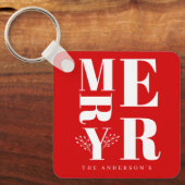 Minimaal Elegant Helderrood Wit Kerstmis Sleutelhanger (Voorkant)
