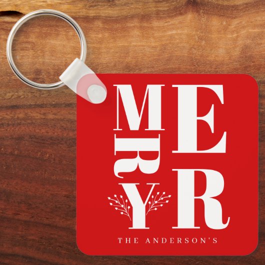 Minimaal Elegant Helderrood Wit Kerstmis Sleutelhanger (Voorkant)
