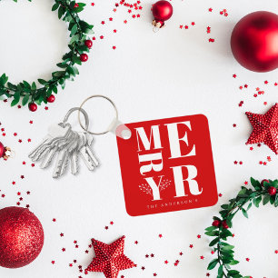Minimaal Elegant Helderrood Wit Vrolijk Kerstfeest Sleutelhanger