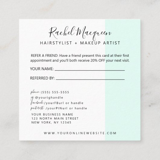 Minimaal Elegant Mint Green White Script Aanbevelingskaartje (Achterkant)