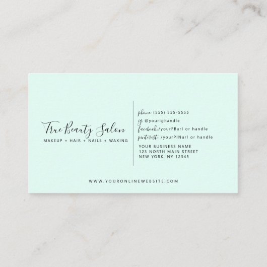 Minimaal Elegant Mint Groen Wit Rand Script Afsprakenkaartje (Achterkant)