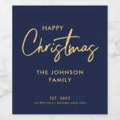 Minimaal Elegant Modern Blauw Goud Gelukkig Kerstm Wijn Etiket (Enkel label)