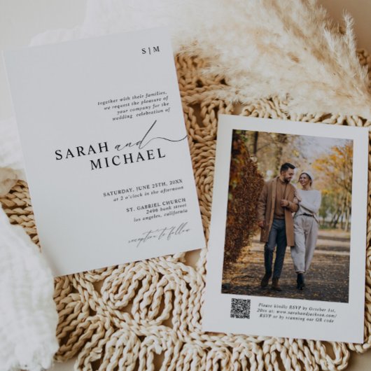 Minimaal Elegant Modern Script QR Code Wedding Kaart