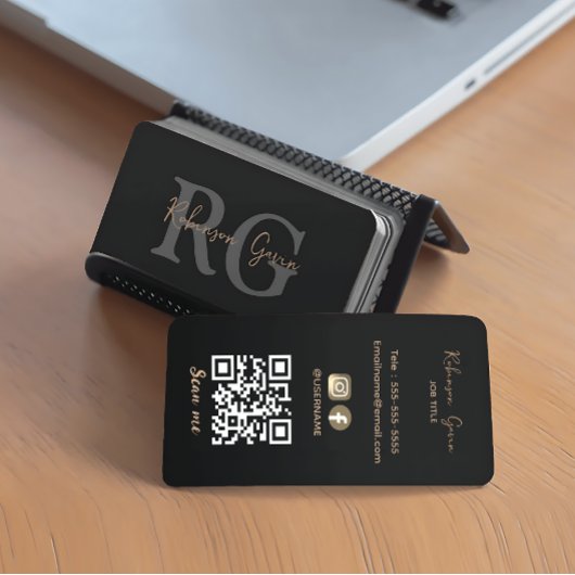 Minimaal Elegant Monogram Zwart QR Code Visitekaartje
