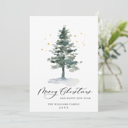 Minimaal Elegant Pine Tree Kerstmis 3 Foto Feestdagenkaart (Staand voorkant)