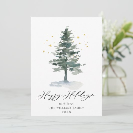 Minimaal Elegant Pine Tree Kerstmis 3 Foto Feestdagenkaart (Staand voorkant)
