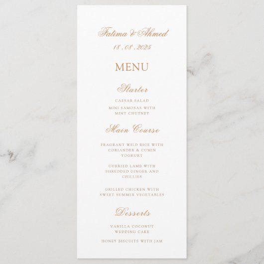 Minimaal Elegant Romantisch Gold Script Trouwtafel Menu (Voorkant)