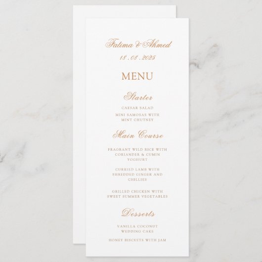 Minimaal Elegant Romantisch Gold Script Trouwtafel Menu (Voorkant / Achterkant)