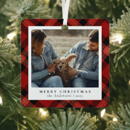 Minimaal Elegant Rood Geplakt Kerstpaar Foto Metalen Ornament