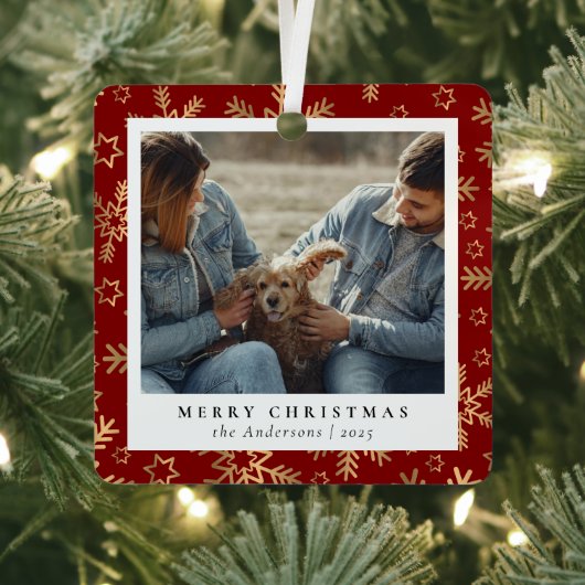 Minimaal Elegant Rood Goud Kerstpaar Foto Metalen Ornament (Insitu)