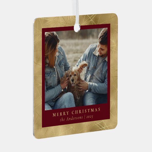 Minimaal Elegant Rood & Goud Kerstpaar Foto Metalen Ornament (Voorkant Rechts)