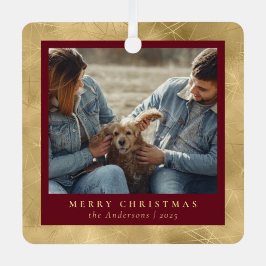 Minimaal Elegant Rood & Goud Kerstpaar Foto Metalen Ornament (Voorkant)