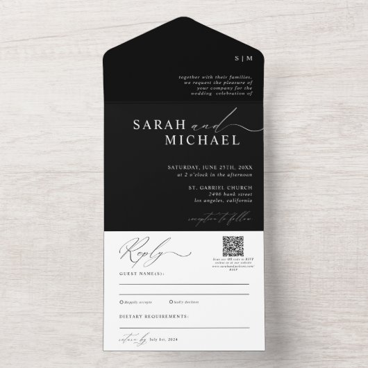 Minimaal Elegant Schoon Script QR Code Fotobruilof All In One Uitnodiging (Binnen)