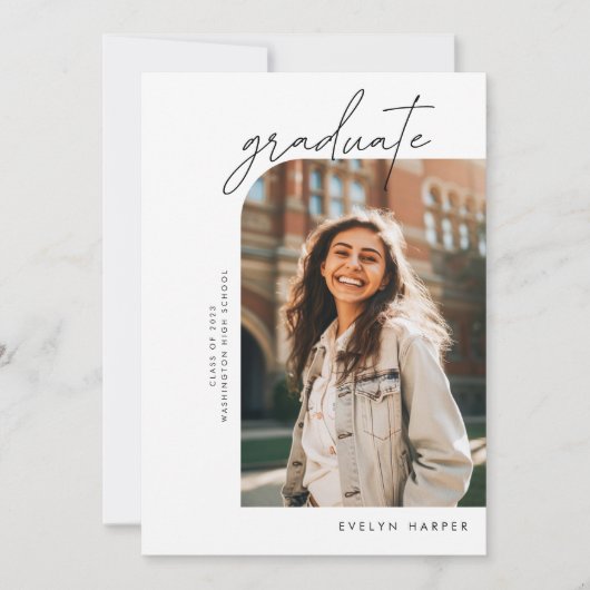 Minimaal Elegant Script Arch Two Photo Afstuderen Aankondiging (Voorkant)