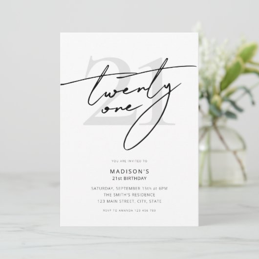 Minimaal Elegant Script Wit 21st Verjaardagsfeestj Kaart (Staand voorkant)
