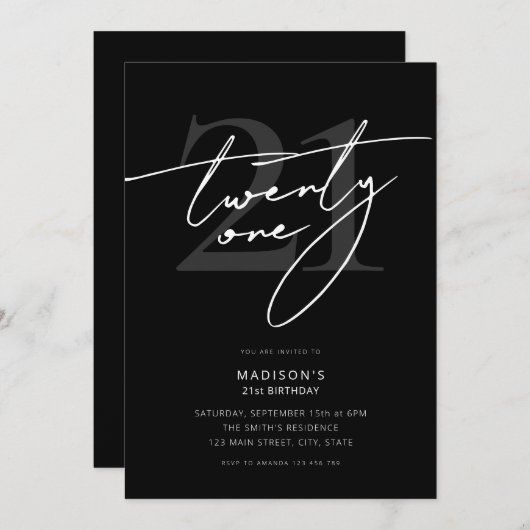 Minimaal Elegant Script Zwart 21e Verjaardagsfeest Kaart (Voorkant / Achterkant)
