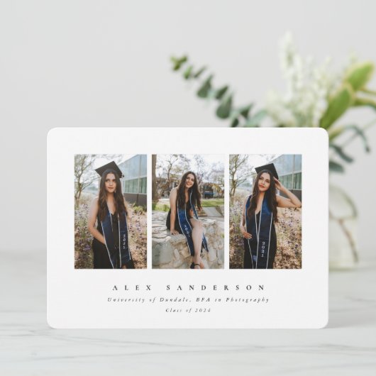 Minimaal Elegant White Triple Photo Afstuderen Aankondiging (Staand voorkant)