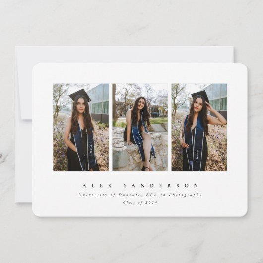 Minimaal Elegant White Triple Photo Afstuderen Aankondiging (Voorkant)
