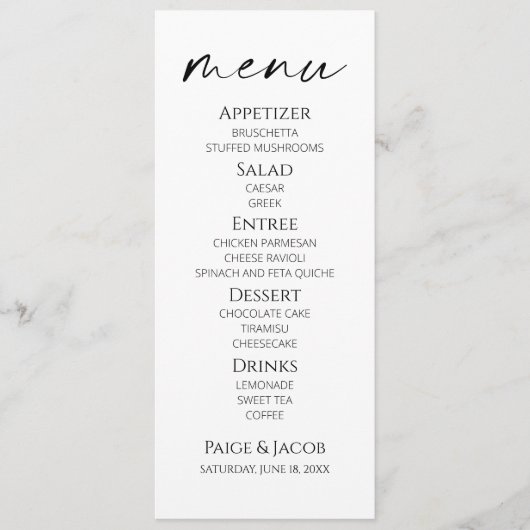Minimaal Elegant Wit Zwart Trouwvoer Menu (Voorkant)
