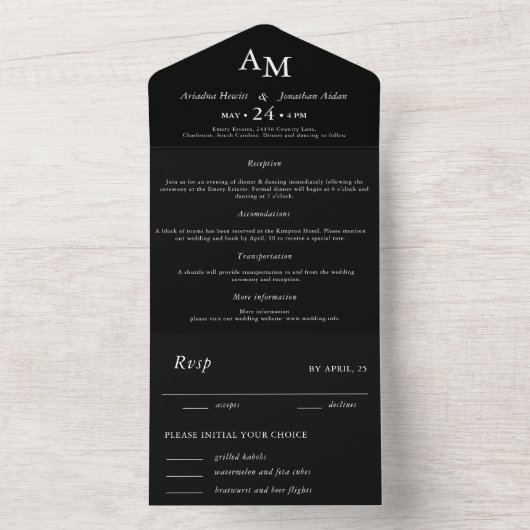 Minimaal Elegant Zwart Bruiloft All In One Uitnodiging (Binnen)