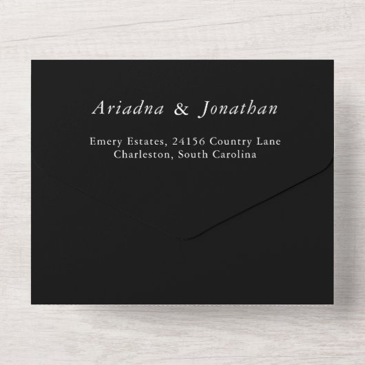 Minimaal Elegant Zwart Bruiloft All In One Uitnodiging (Achterkant)