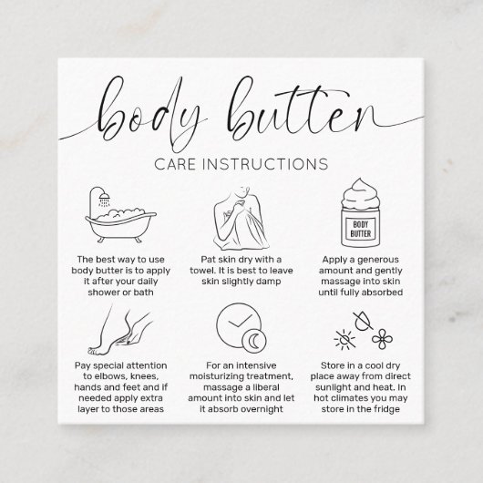 Minimaal Elegant Zwart Wit Body Butter Care Kaarte Vierkante Visitekaartje (Voorkant)