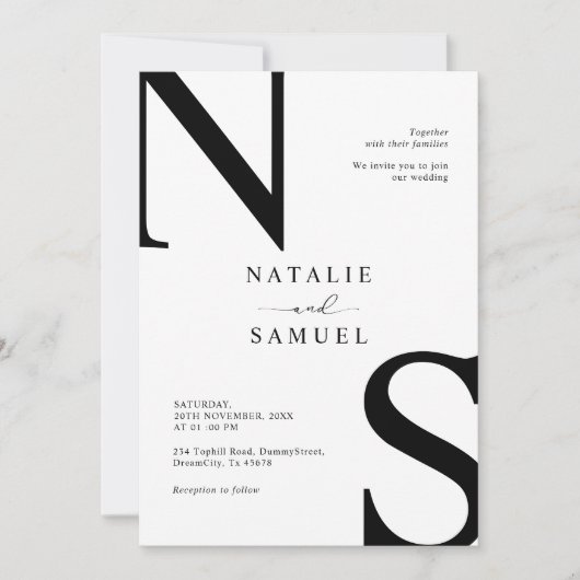 Minimaal Elegant Zwart & Wit Bold Initiaal Wedding Kaart (Voorkant)