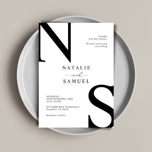 Minimaal Elegant Zwart & Wit Bold Initiaal Wedding Kaart