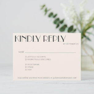 Minimaal Elegante Ivoren Art Deco Bruiloftsmaaltij RSVP Kaartje