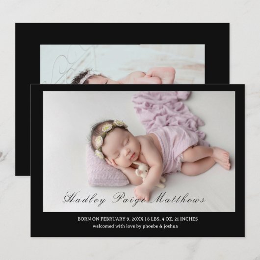 Minimaal Elegante Script Geboorte Kaart Baby Meisj (Voorkant / Achterkant)