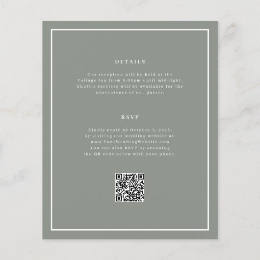 Minimaal en Chic Budget QR Code Huwelijksuitnodigi (Achterkant)