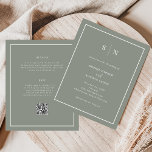 Minimaal en Chic Budget QR Code Huwelijksuitnodigi<br><div class="desc">Deze elegante, moderne, budget all-in-one huwelijksuitnodigingen worden afgedrukt op een vel papier. Ze hebben een eenvoudig salie groen en wit minimalistisch tekstontwerp, met een klassiek lijst aan de rand. Voeg je initialen of monogram toe om ze helemaal van jezelf te maken. De achterkant van de uitnodiging heeft ruimte om eventuele...</div>