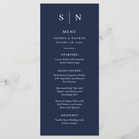 Minimaal en Chic | Donkere marinesblauwe bruiloft Menu (Voorkant)