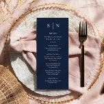 Minimaal en Chic | Donkere marinesblauwe bruiloft Menu<br><div class="desc">Deze elegante,  moderne trouwmenukaarten of repetitieve diner menukaarten zijn voorzien van een eenvoudig blauw en wit sms-ontwerp dat een minimalistische stijl uitstraalt. Voeg je initialen of monogram toe om ze volledig je eigen te maken.</div>