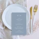 Minimaal en Chic | Menu Dusty Blue en White<br><div class="desc">Deze elegante,  moderne trouwmenukaarten of repetitieve diner menukaarten zijn voorzien van een eenvoudig dusty blauw en wit tekstontwerp dat minimalistische stijl uitstraalt. Voeg je initialen of monogram toe om ze volledig je eigen te maken.</div>