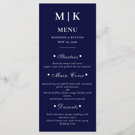 Minimaal en Chic | Navy Blue en White Wedding Menu (Voorkant)