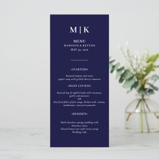 Minimaal en Chic | Navy Blue en White Wedding Menu (Staand voorkant)