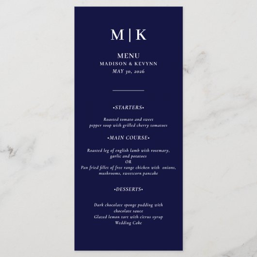 Minimaal en Chic | Navy Blue en White Wedding Menu (Voorkant)