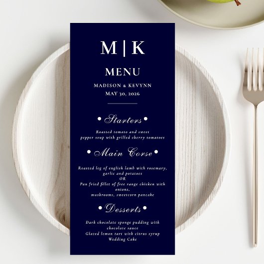 Minimaal en Chic | Navy Blue en White Wedding Menu