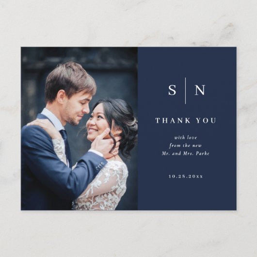 Minimaal en Chic Navy Blue Photo Wedding Hartelijk Briefkaart (Voorkant)