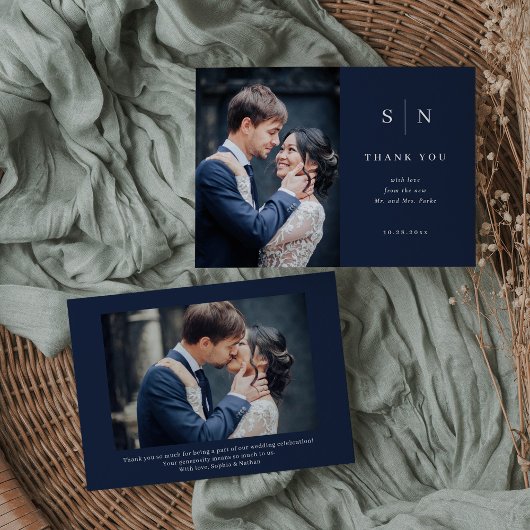 Minimaal en Chic | Navy Blue Two Photo Wedding Bedankkaart
