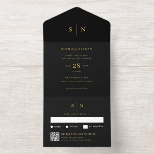 Minimaal en Chic Zwart   QR Code Trouwkaart Goud F All In One Uitnodiging