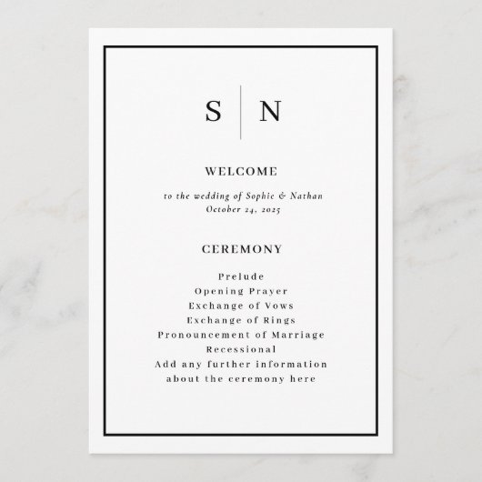 Minimaal en Chic | Zwart-witgrenshuwelijk Programmakaart (Voorkant)