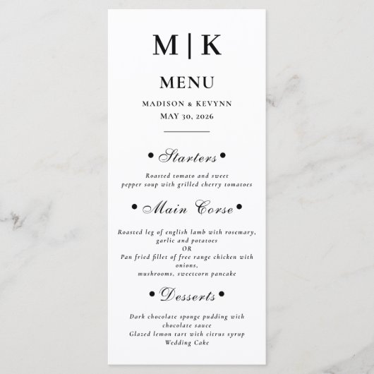Minimaal en Chic | Zwarte en witte bruiloft Menu (Voorkant)