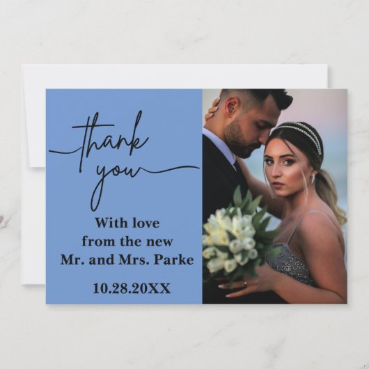 Minimaal en ChicDusty Blue Two Photo Wedding Bedankkaart (Voorkant)
