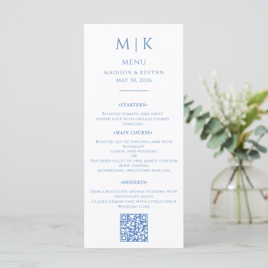 Minimaal en chique | Blue Wedding QR-code Menu (Staand voorkant)