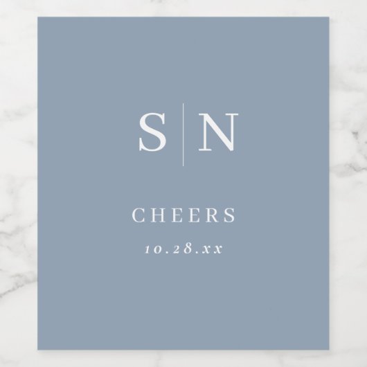 Minimaal en chique | Dusty Blue Monogram Cheers Wijn Etiket (Enkel label)