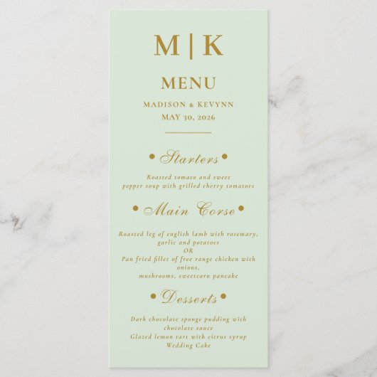 Minimaal en chique | Goud en Groene Bruiloft Menu (Voorkant)